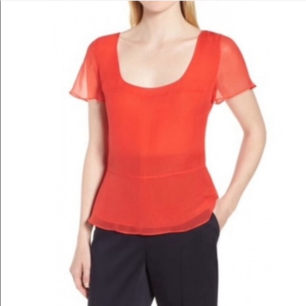 Lewit 100% Silk Poppy Red Layered Ruffle Peplum Hem Top